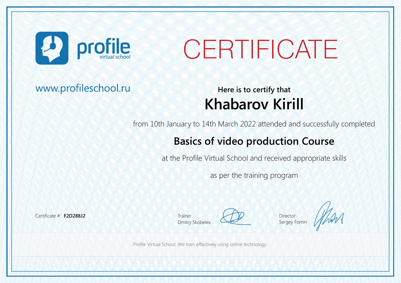 Сертификат Profile Virtual School