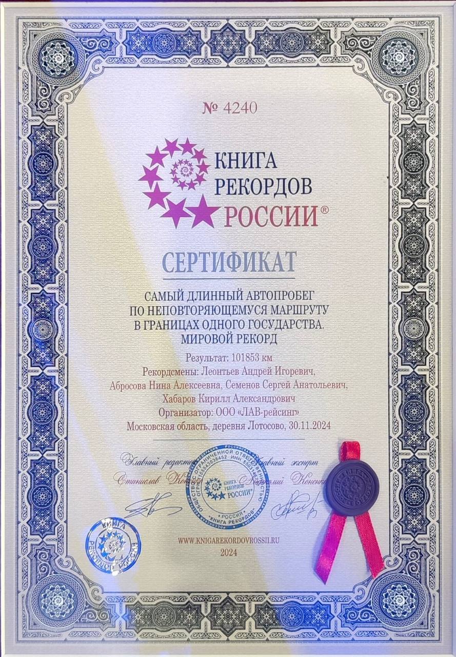 Сертификат Книги рекордов России: самый длинный автопробег
